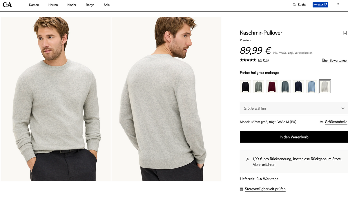 C&A Premium 100% Cashmere Pullover, Men M, NP: ca. 90€