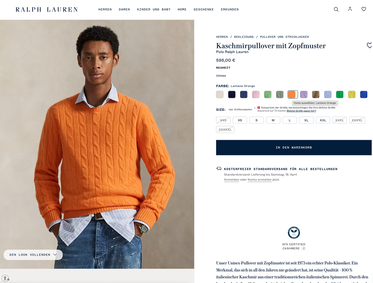 POLO RALPH LAUREN 100% Cashmere Cable Knit Pullover, Men XXL, NP: 595€