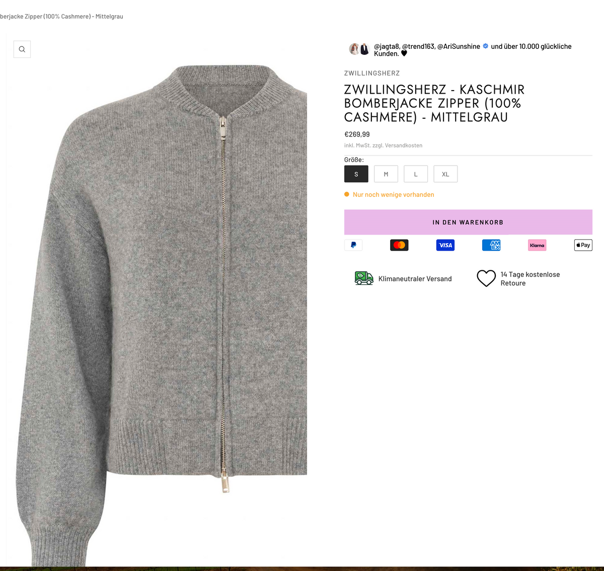 ZWILLINGSHERZ, 100% Cashmere Zip Cardigan, Women M, NP: 269€